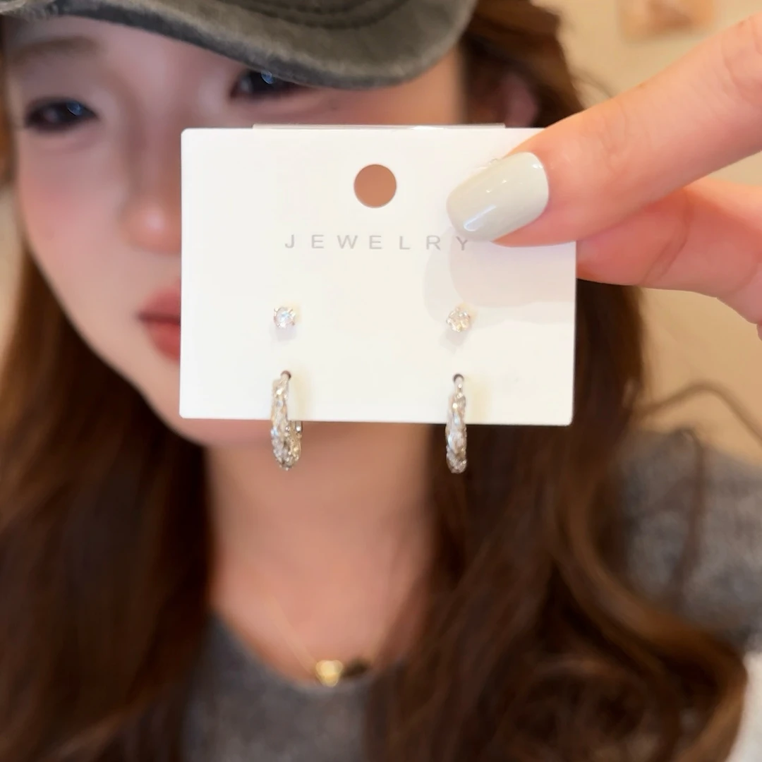 铜合金耳饰 普通金属锆石圆圈耳扣女套装时尚百搭气质耳环