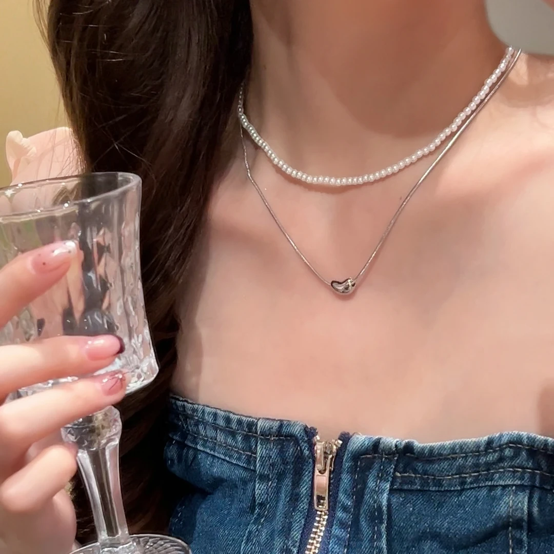 铜合金仿珍珠吊坠 双层珍珠项链女爆款小众高级感叠戴颈链配饰