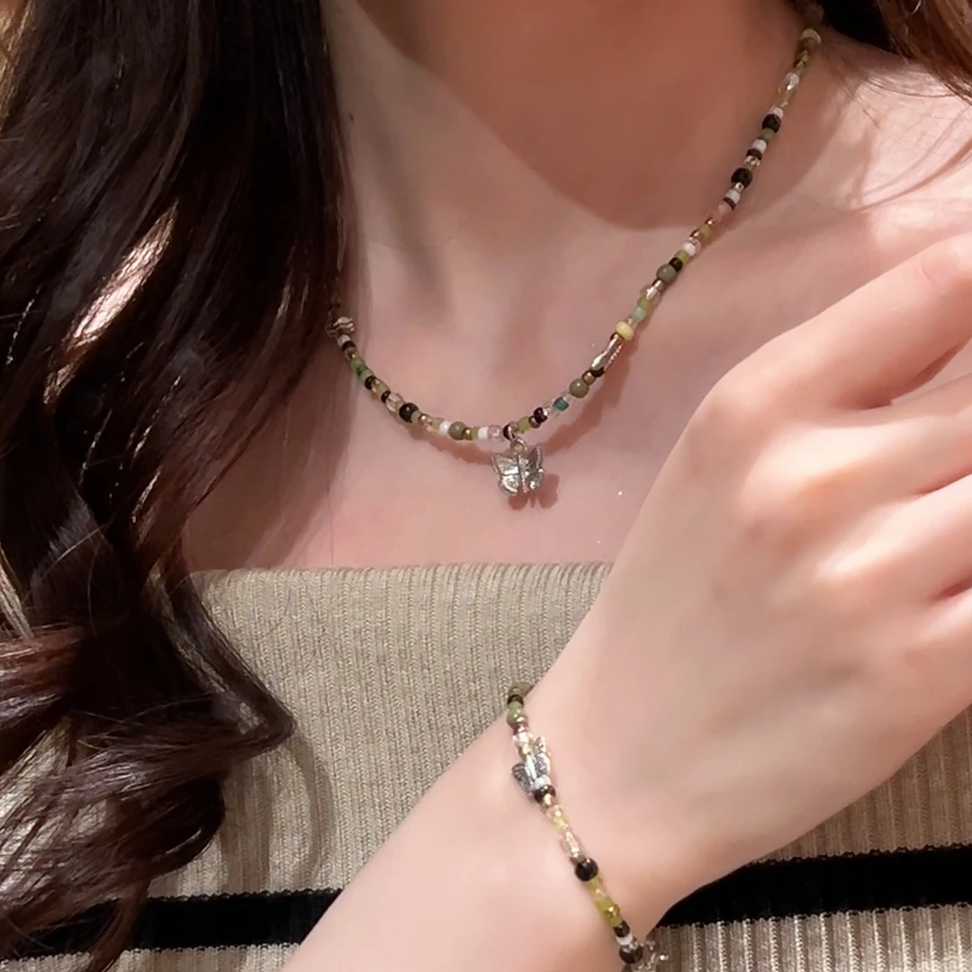 铜合金树脂吊坠 新中式蝴蝶串珠项链女复古民族风锁骨链文艺配饰