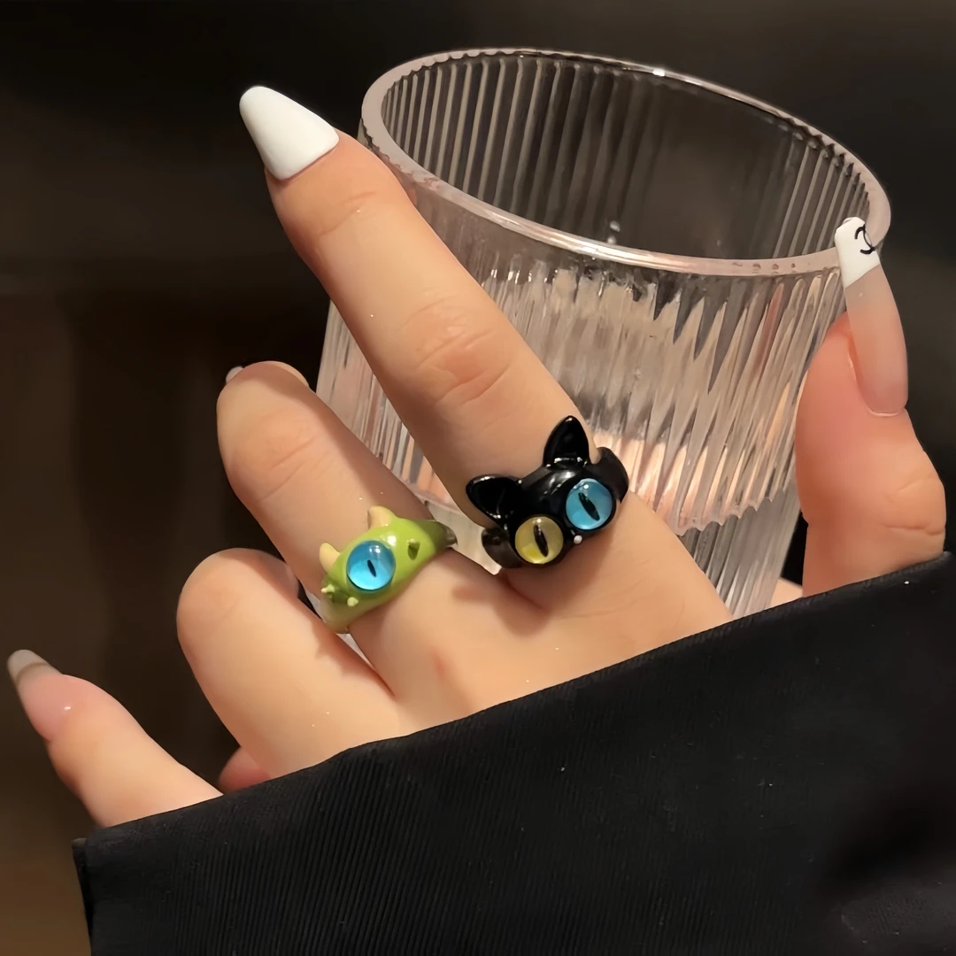 锌合金树脂戒指 搞怪黑色猫咪怪兽戒指女ins小众个性指环