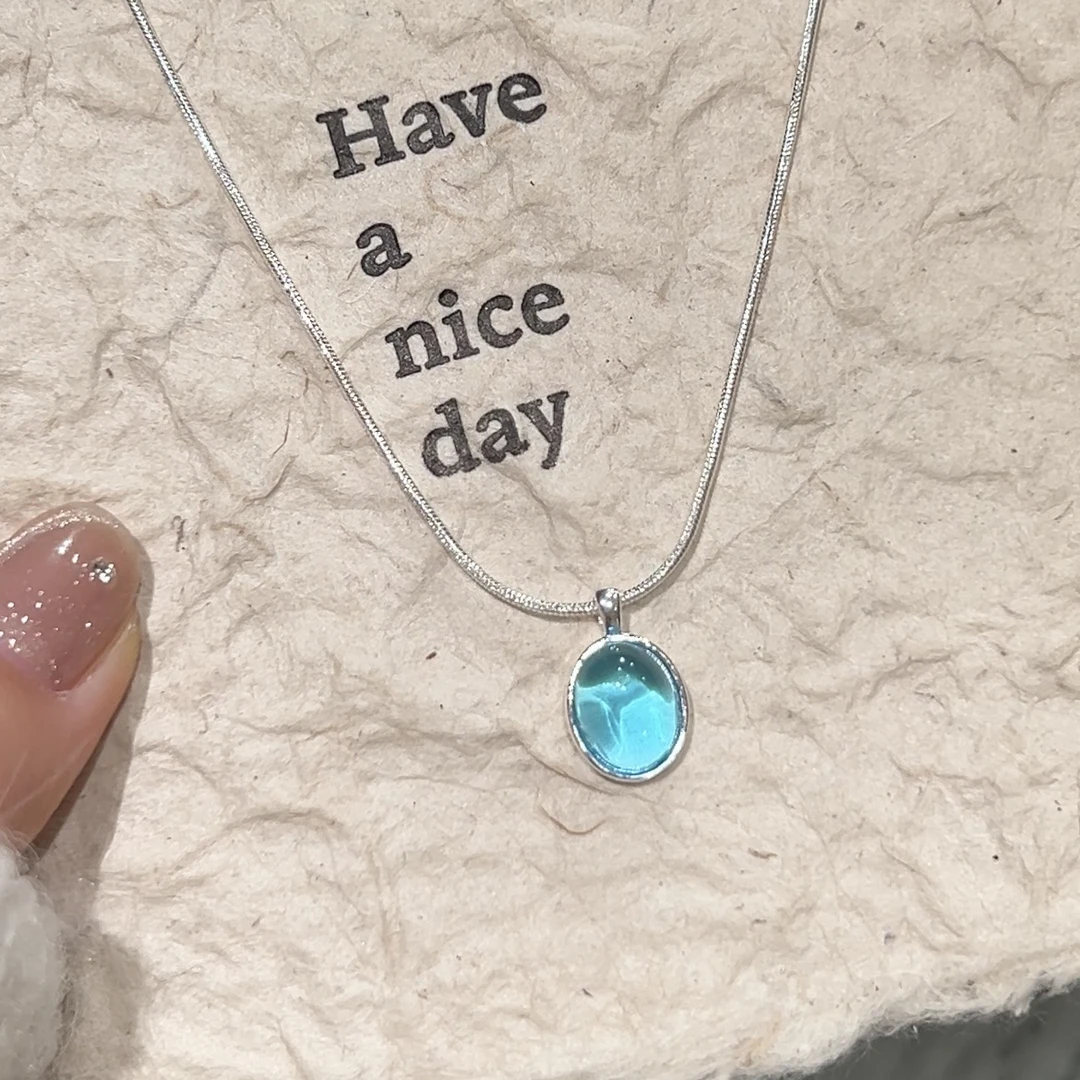 钛钢项链 海蓝项链椭圆吊坠简约百搭蛇骨颈链高级感锁骨链