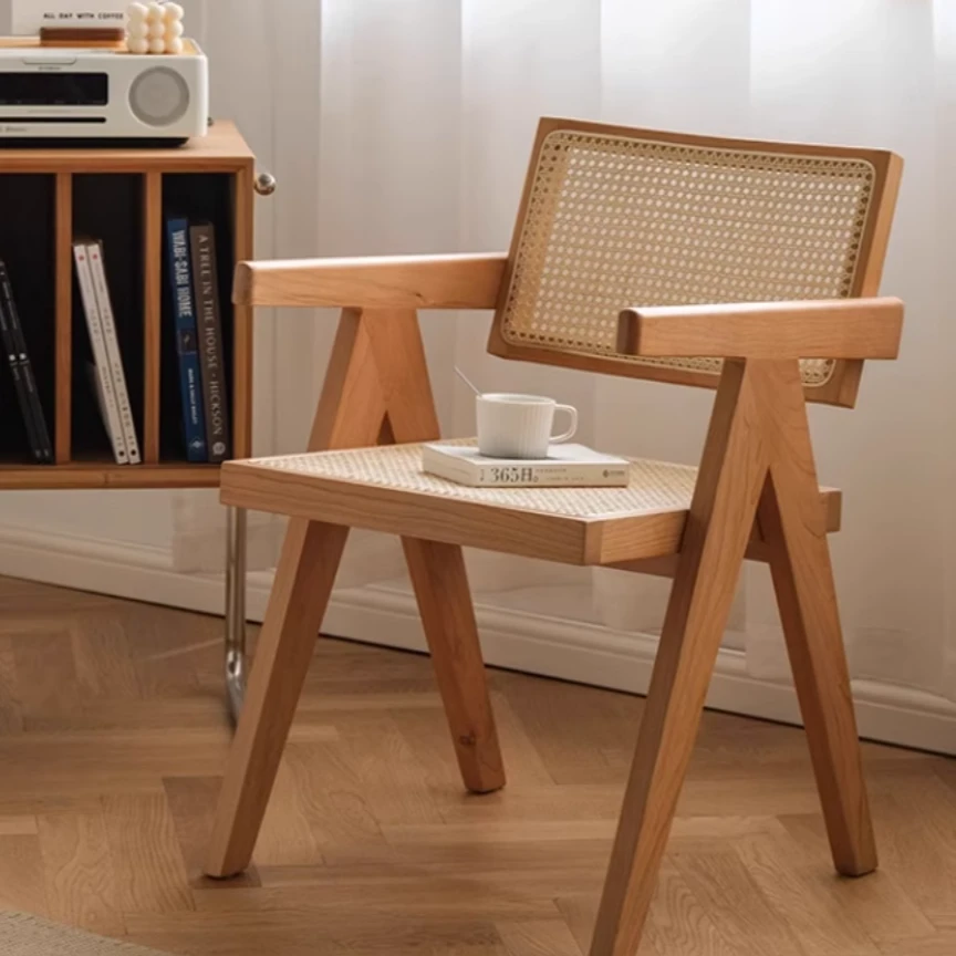 实木樱桃木诧寂风藤编椅休闲椅靠背椅ins风民宿藤椅原木扶手餐椅