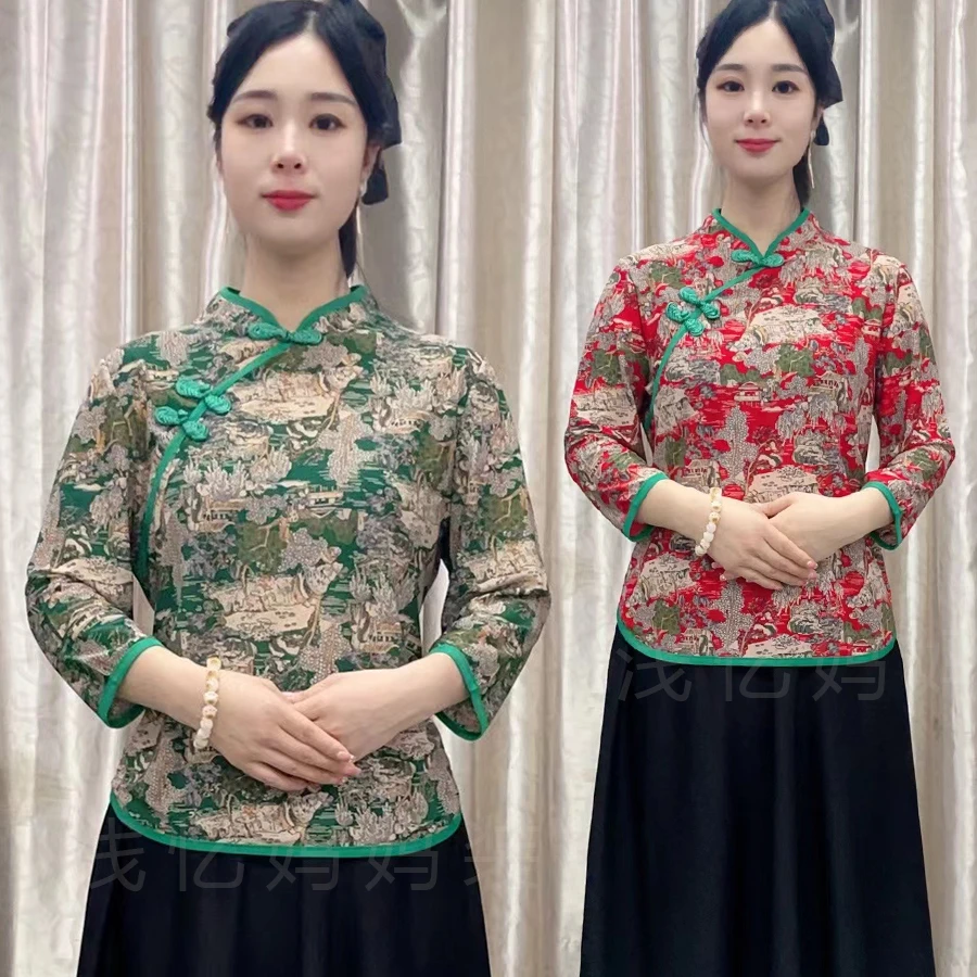 妈妈夏装薄款上衣复古民族风弹力旗袍领小衫中老年女装新中式T恤