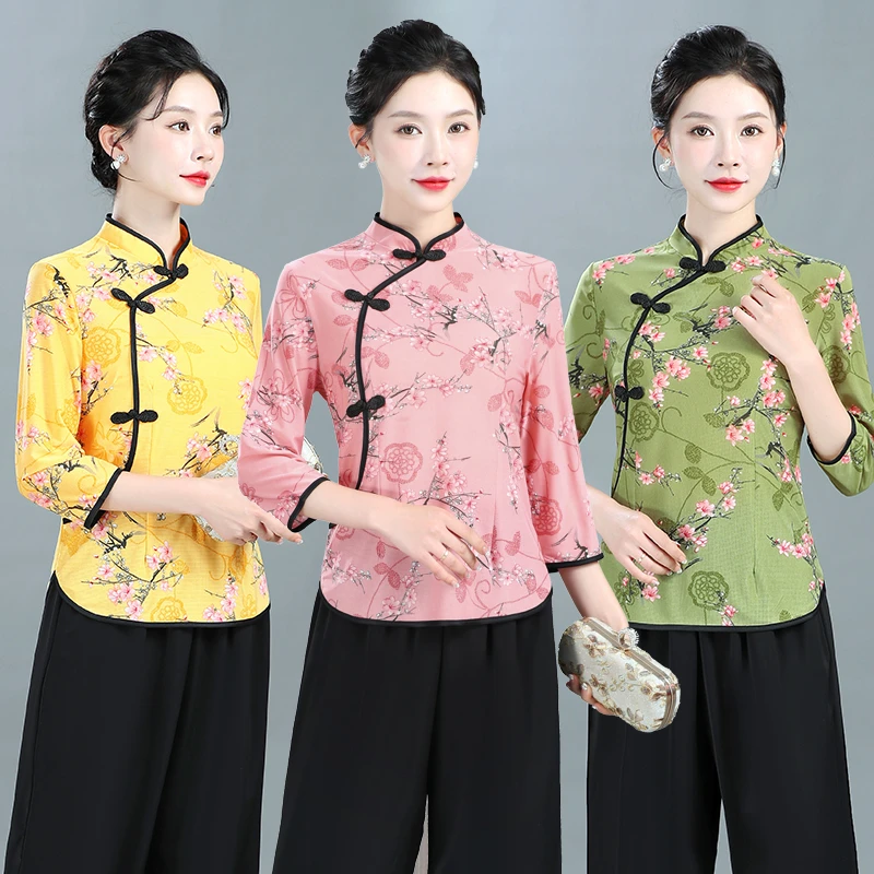 夏季新款洋气妈妈装时尚复古中国风旗袍小衫显瘦新中式弹力上衣