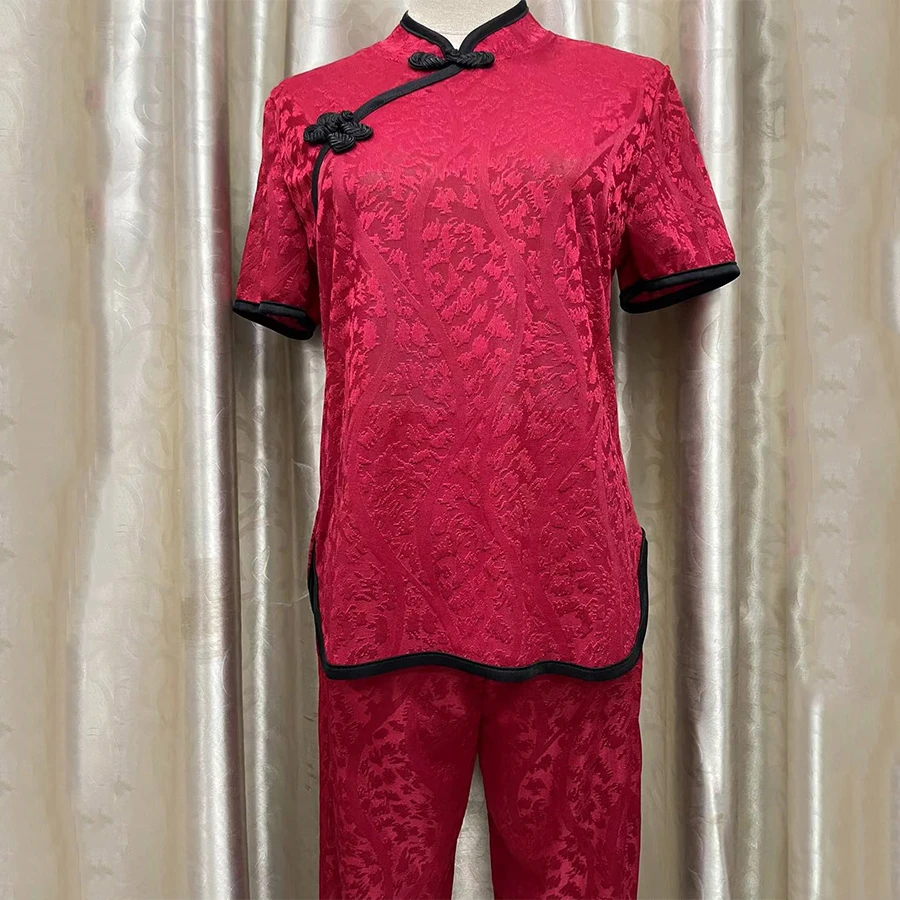 夏季妈妈装弹力两件套中年女士套装妈妈纯色盘扣唐装旗袍上衣裤子