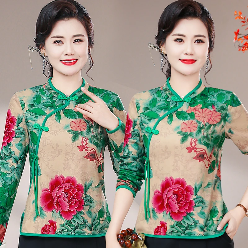 中年女秋装长袖改良旗袍上衣气质新中式复古国风唐装妈妈打底衫