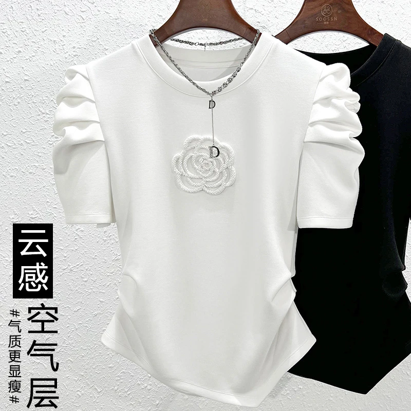 【JW】新款短袖T恤女士立体山茶花不规则下摆夏设计感洋气白色上衣N