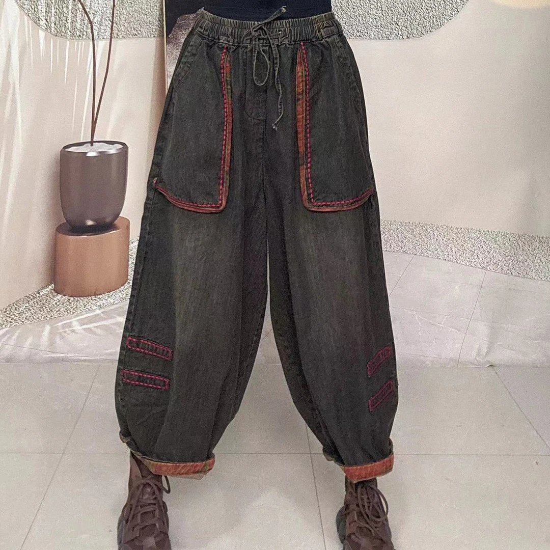 8810早秋新款欧货抽绳可调节松紧腰大口袋休闲哈伦牛仔裤