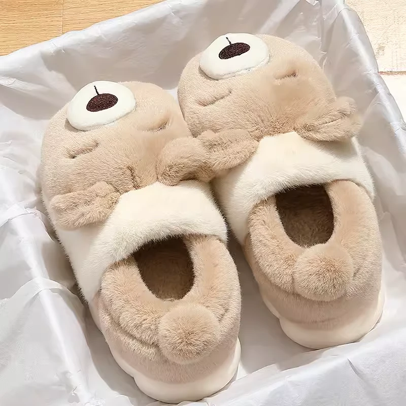 棉拖鞋女士2025新款冬季室内居家厚底保暖可爱大熊毛绒包跟棉鞋女