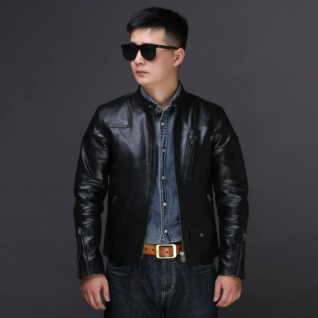 【毒液 纯黑色牛皮】复古机车真皮皮衣夹克修身短款男士皮夹克皮衣