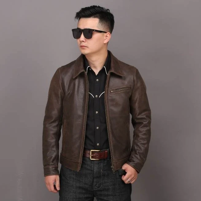 【做旧棕1930小牛皮皮衣】男士复古翻领经典头层牛皮短款皮夹克外套