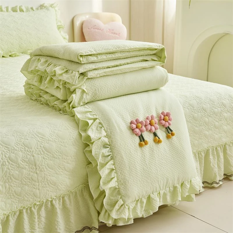 可爱少女心泡泡纱床盖款夏凉被四件套花边夏被空调被可机洗薄被子