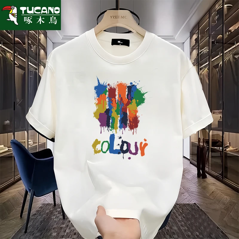 啄木鸟纯棉短袖t恤男新款夏季潮流宽松圆领百搭全棉休闲体恤上衣t