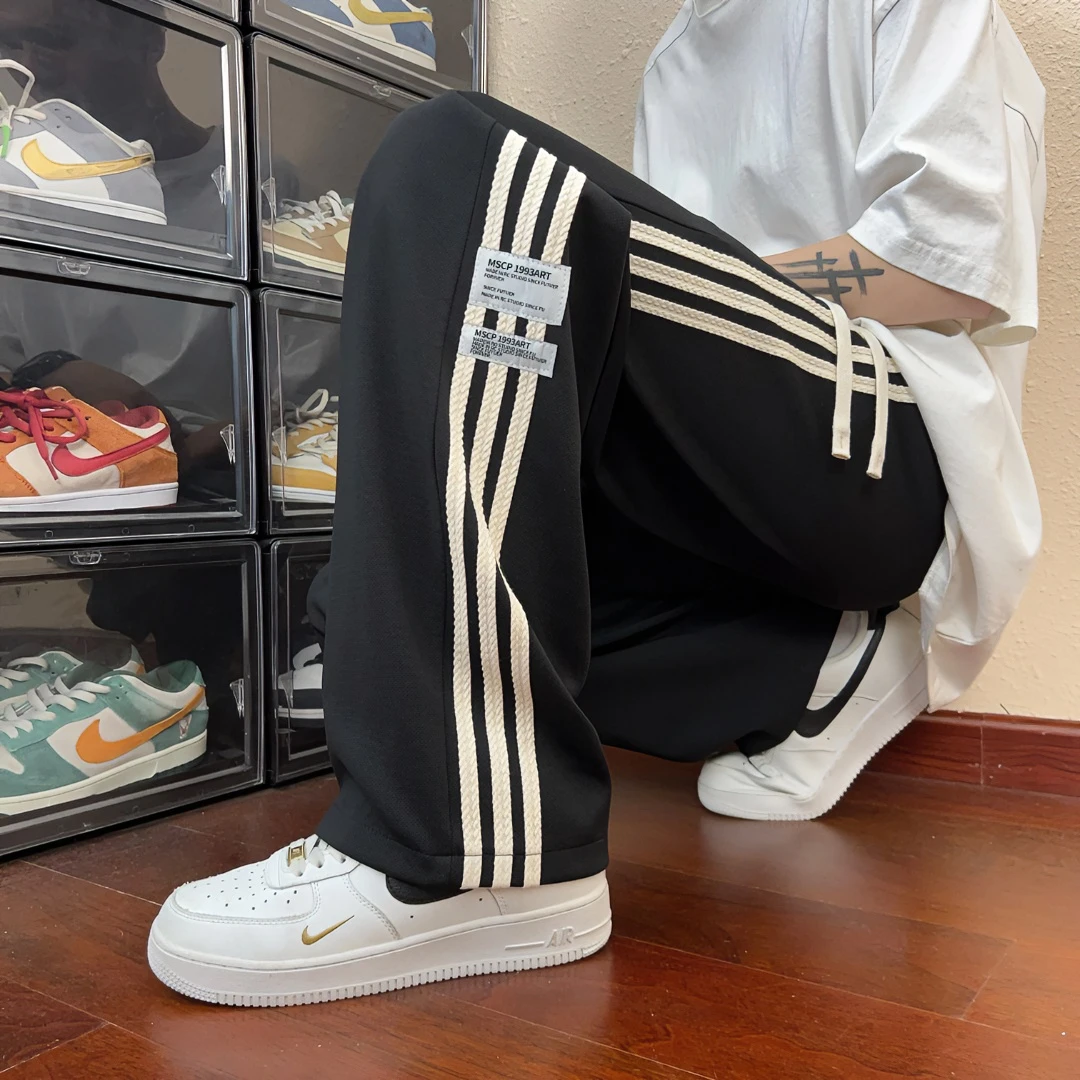 美式三条杠裤子男夏季宽松垂感阔腿直筒裤潮牌大码休闲裤运动卫裤