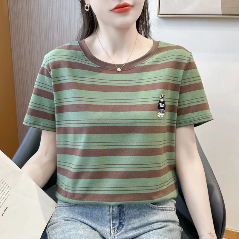夏季条纹刺绣圆领短袖棉T恤宽松显瘦舒适大码百搭洋气休闲时尚