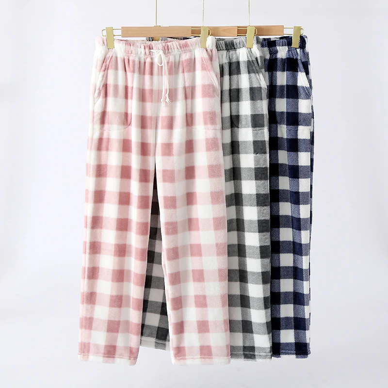 男女士秋冬季法兰绒加厚睡裤家居服直筒长裤简约外穿家居裤宽松冬