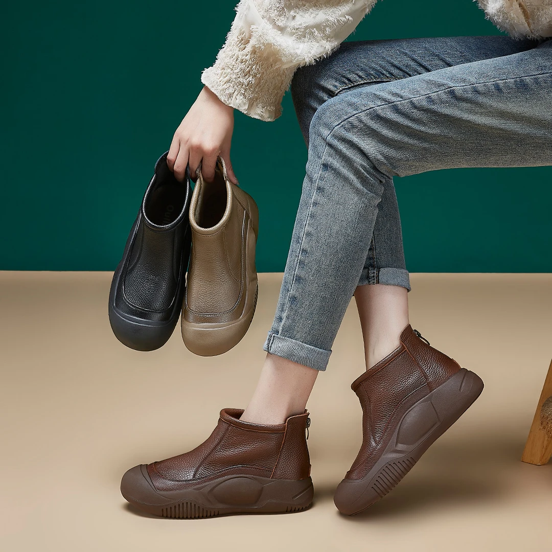 Oulisasi头层牛皮马丁靴2024复古手工靴子轻便厚底软底软面女靴子