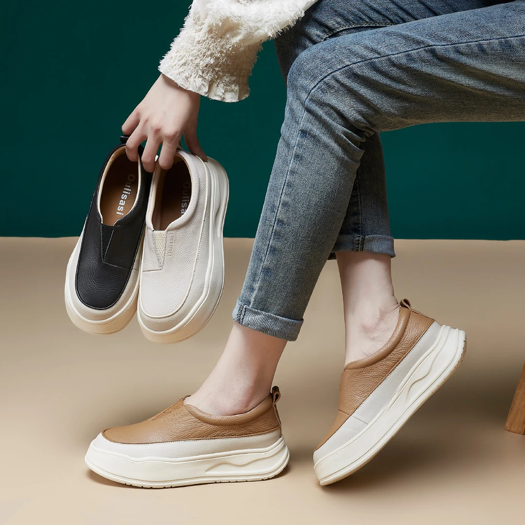 头层牛皮休闲鞋女2024厚底V扣套脚舒适防滑轻便一脚蹬小白鞋