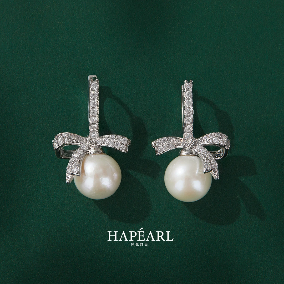 环佩玎当小丝巾天然淡水珍珠耳环约9-10mm欧若风