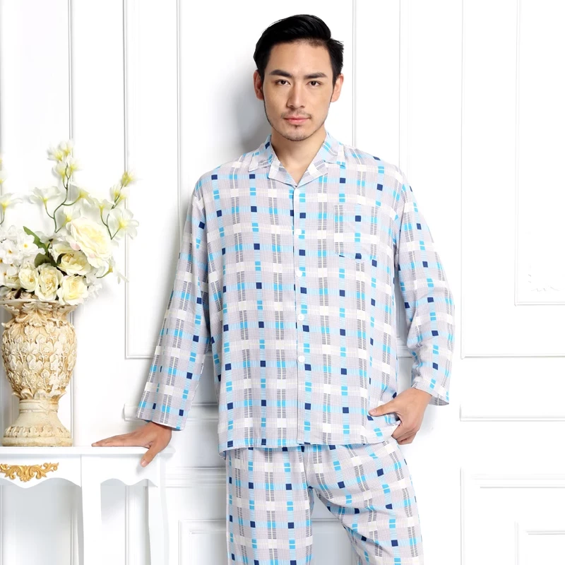睡衣男春秋夏季纯棉绸长袖长裤粘纤圆领男士绵绸中老年家居服套装