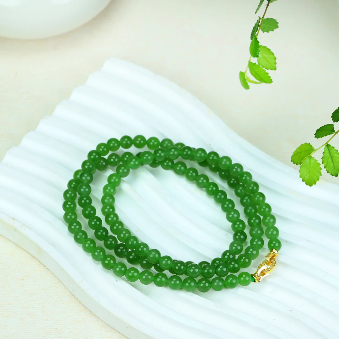 【凤霖珠宝】天然和田玉碧玉高品质苹果绿6mm108珠链挂坠链无黑点
