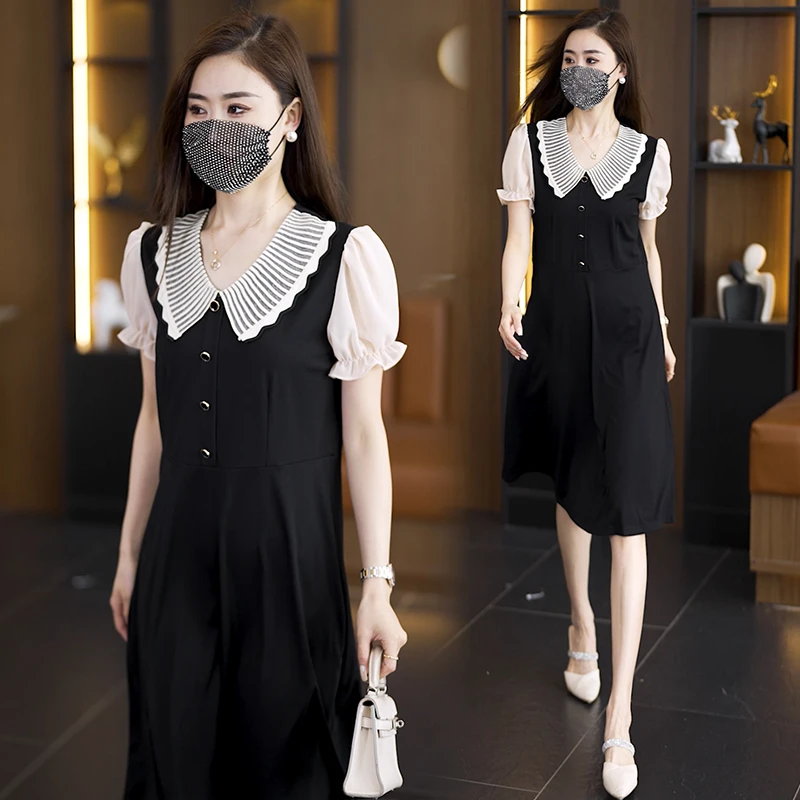 实拍娃娃领法式连衣裙女夏季新款洋气显瘦遮肚中长款赫本风小黑裙
