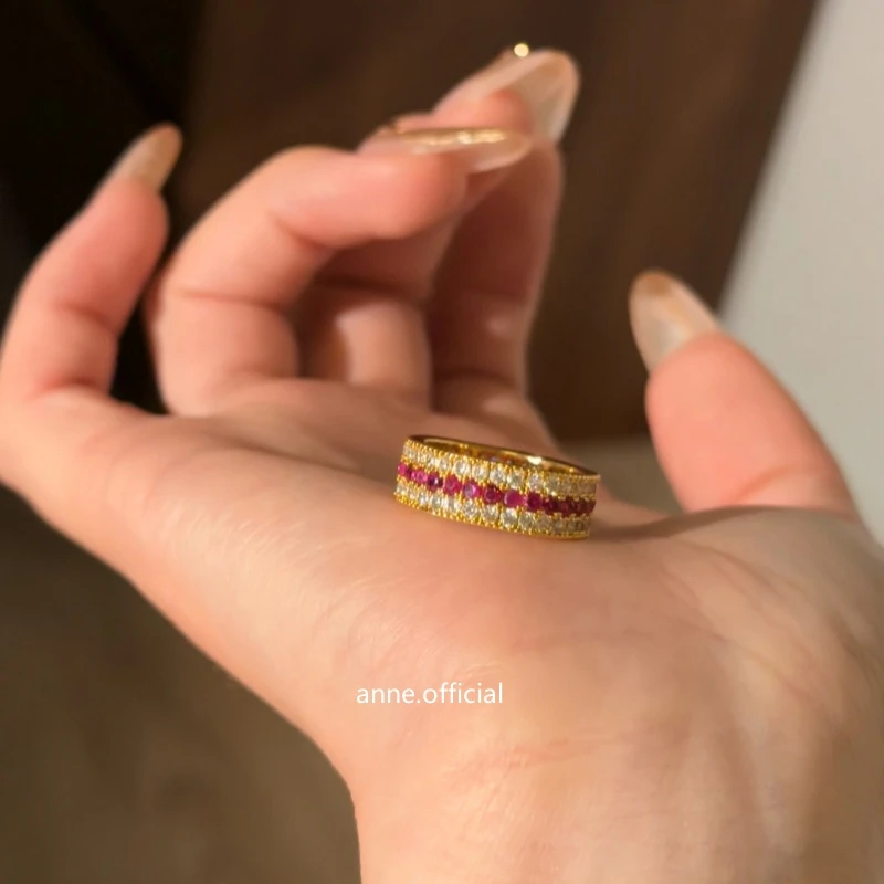 铜合金戒指 【J167】彩色镶嵌锆三排锆戒指时尚气质精致戒圈