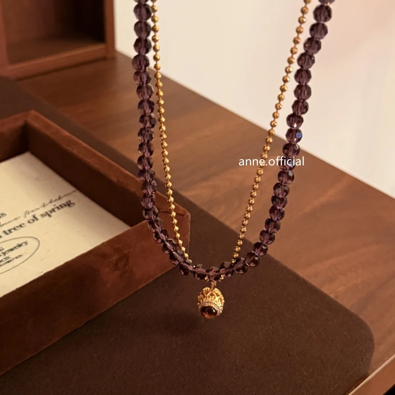铜合金项链 【X562】复古高级感紫色魔法镶球项链