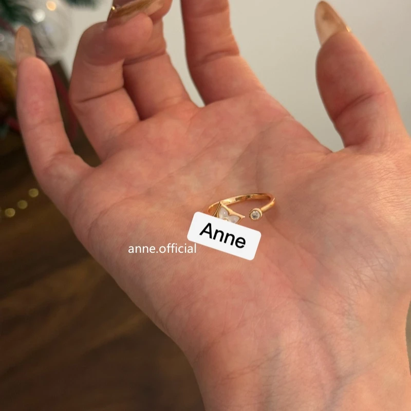 铜合金贝壳戒指 【J180】轻奢四叶草菱形花戒指贝壳镶锆时尚开口戒