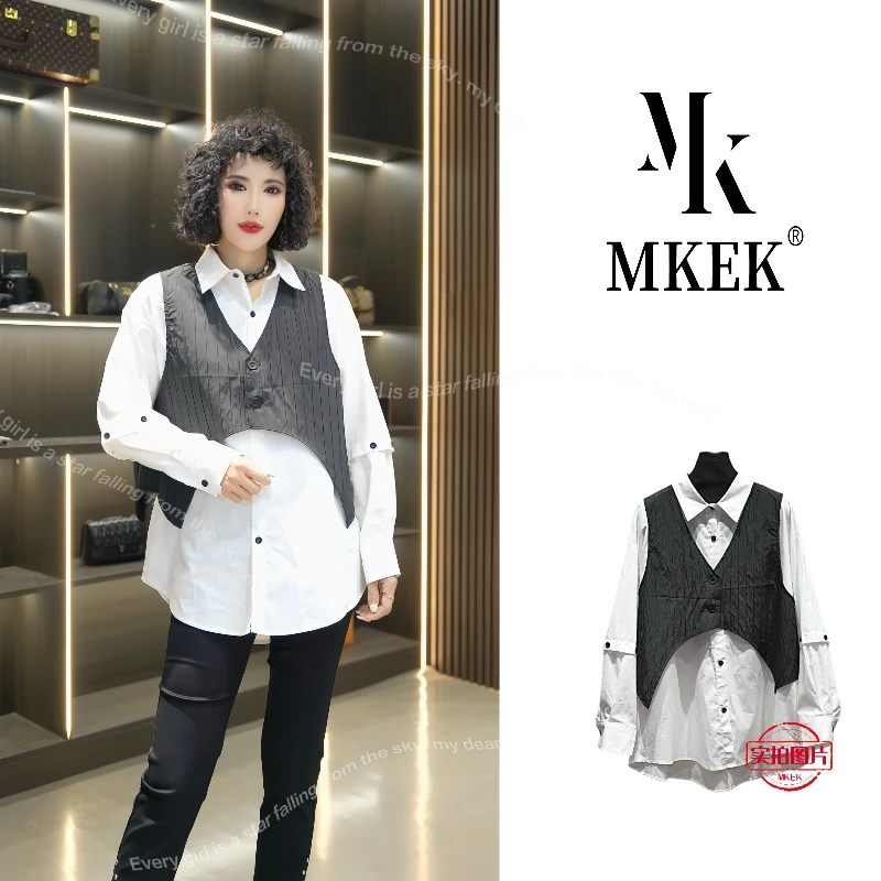 908秋季新款百搭时尚压褶设计马甲衬衫两件套复古风宽松休闲套装