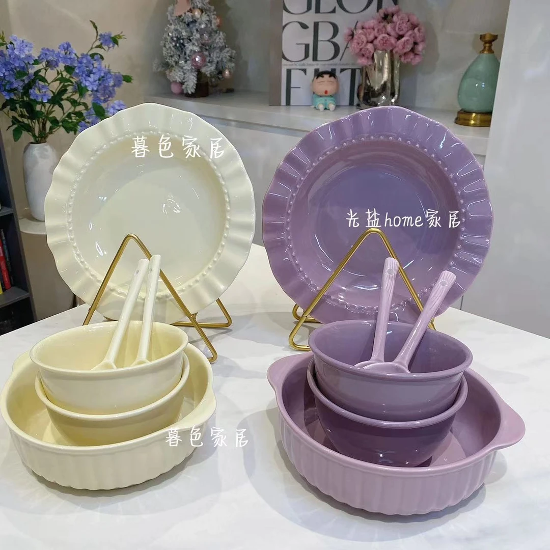 【6件套】家用陶瓷釉下彩奶油风草帽盘水果盘米饭碗勺子碗餐具套装