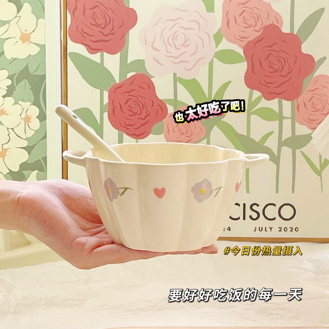 【甜品碗+勺】紫藤花陶瓷双耳汤碗家用装汤碗勺学生可爱餐具组合
