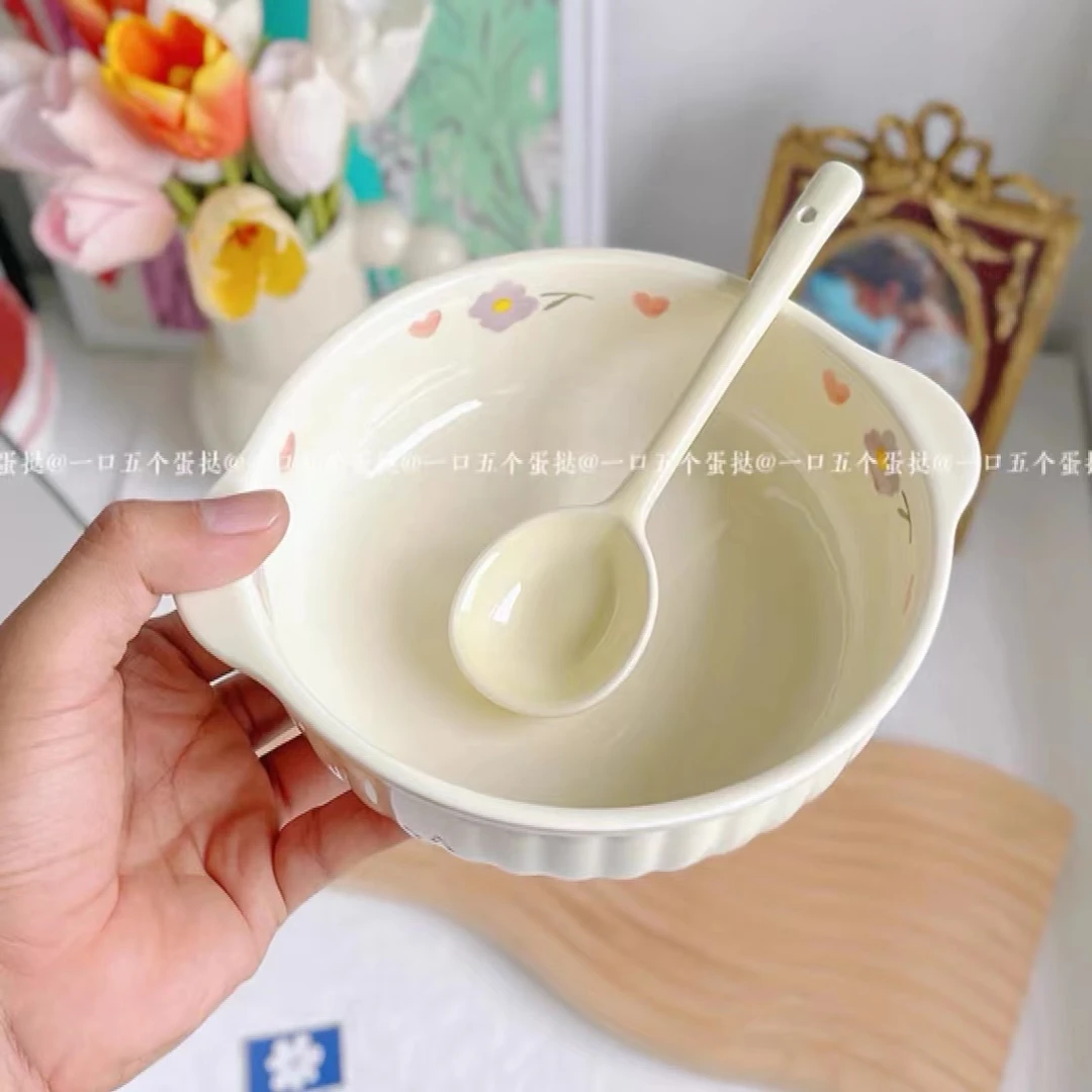 【7.5寸双耳面碗】奶油风紫藤花双耳面碗勺套装陶瓷餐具家用碗勺
