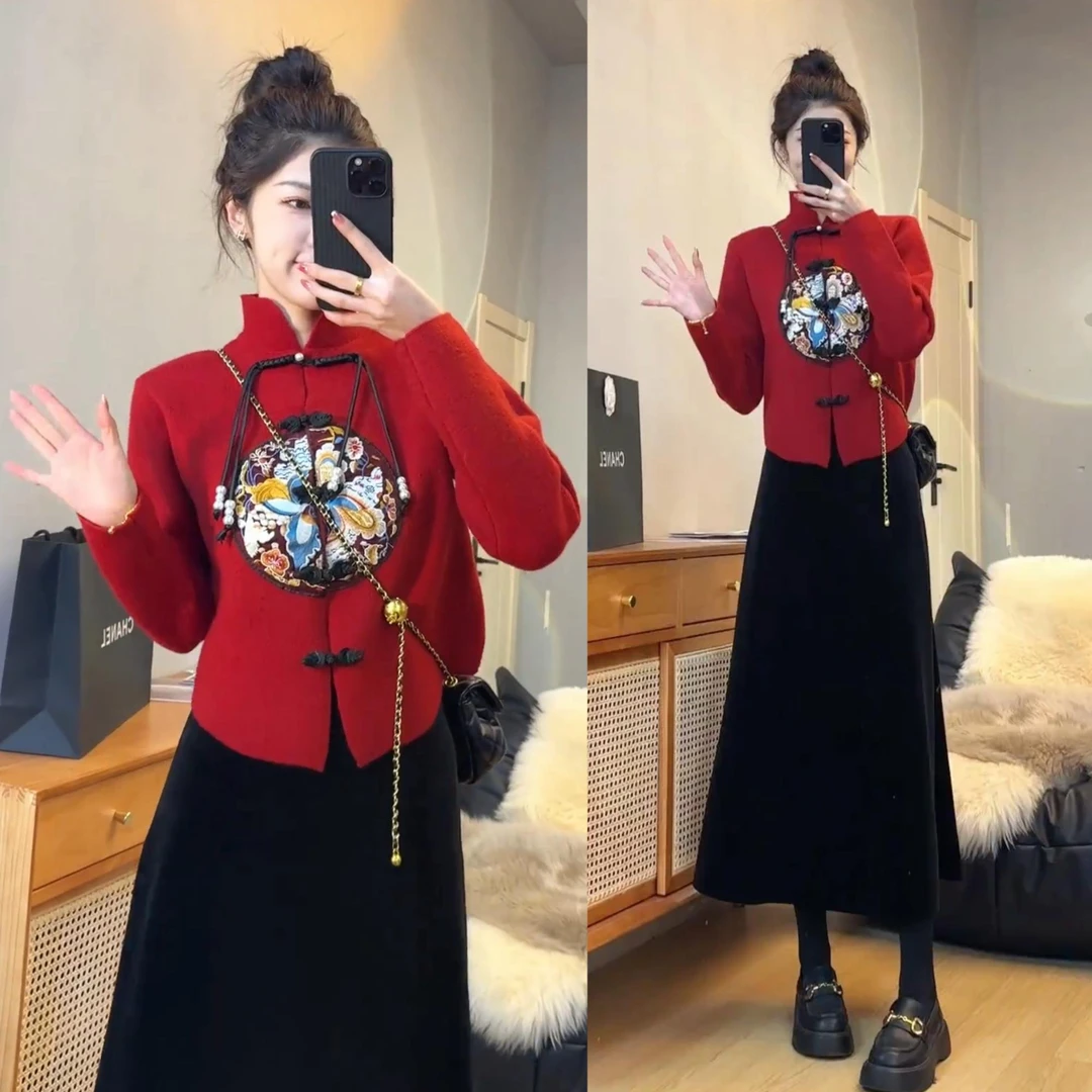 设计感新中式盘扣重工刺绣立领毛衣百搭中长款显瘦丝绒加厚半身裙