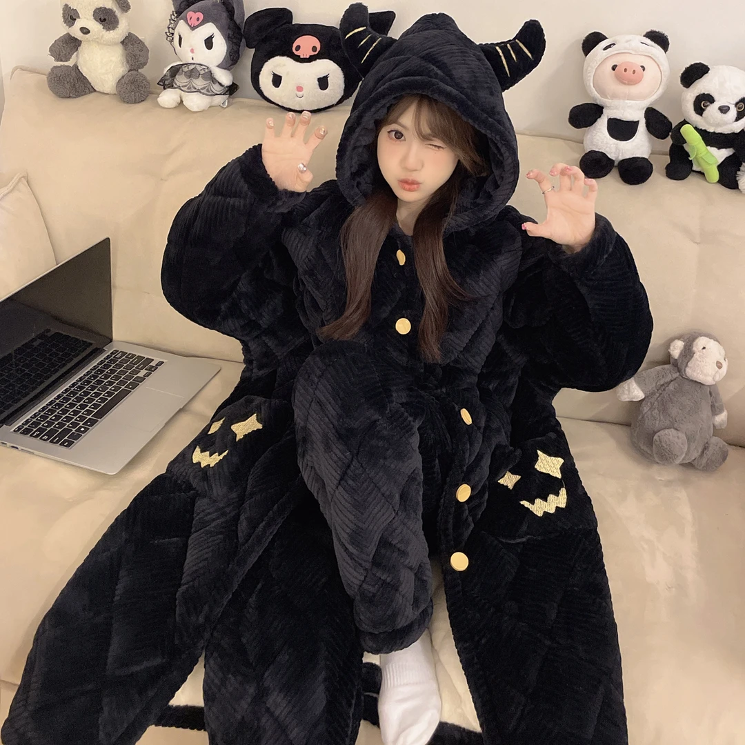 【2613黑色冬季新款袍套睡衣】女三层加厚加绒夹棉睡衣套装可外穿
