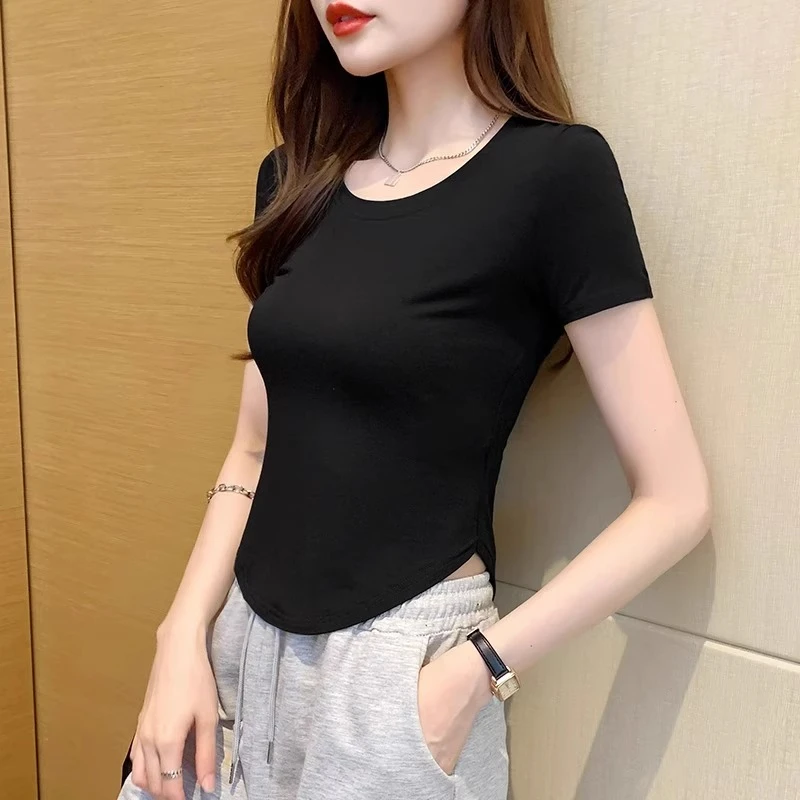 黑色螺纹棉短袖t恤女夏新款百搭弧形下摆修身收腰不规则短款上衣