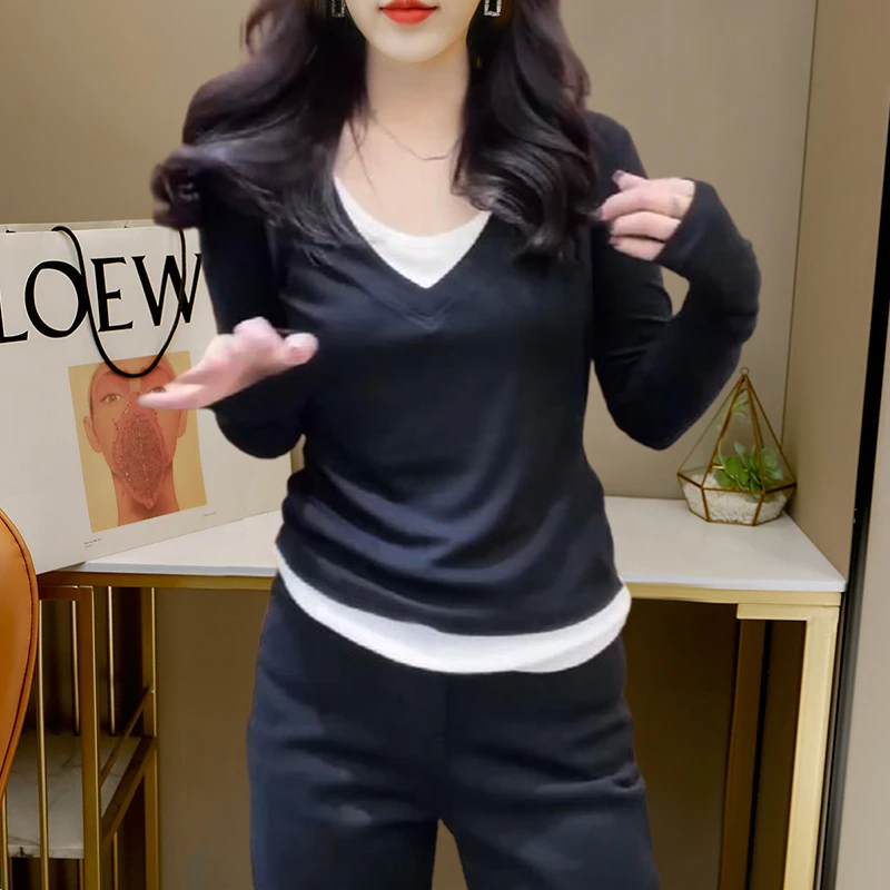 设计感V领假两件拼接洋气打底衫女2025秋季长袖修身内搭休闲上衣