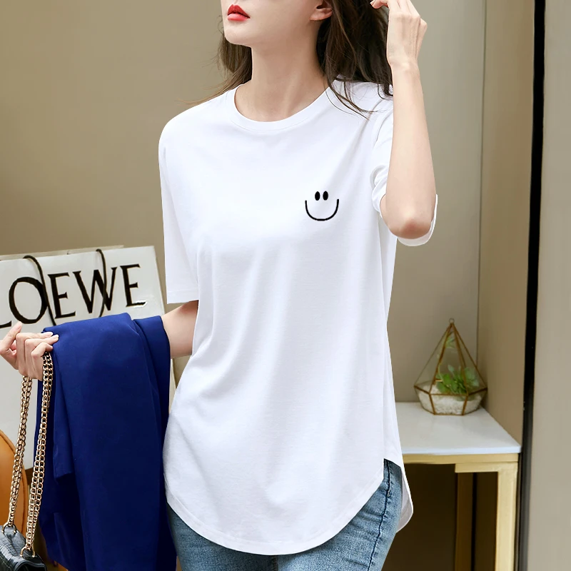 下摆弧形中长款夏季短袖t恤女开叉遮屁股百搭小衫时尚显瘦上衣潮