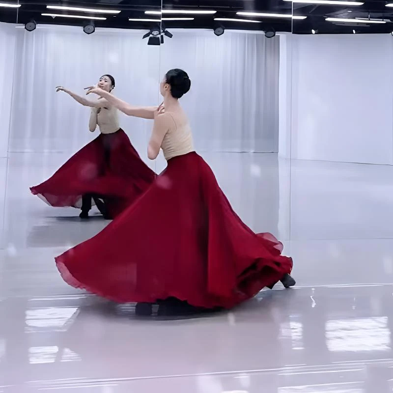 720度舞月同款壁上观舞蹈古典舞双面穿酒红开叉飘逸民族舞大摆裙