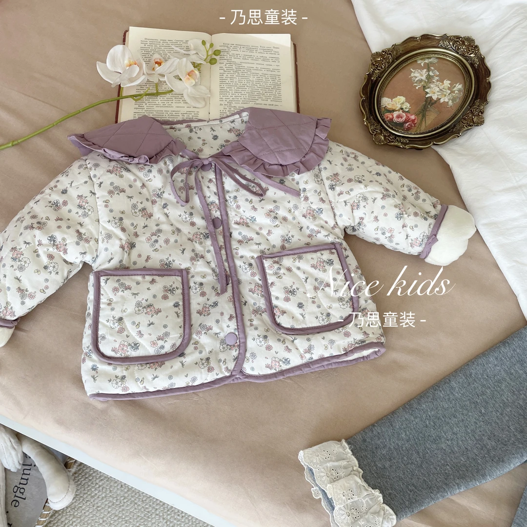 【加绒加厚】2024秋冬女童碎花棉服外套儿童夹棉加绒女宝娃娃领棉袄