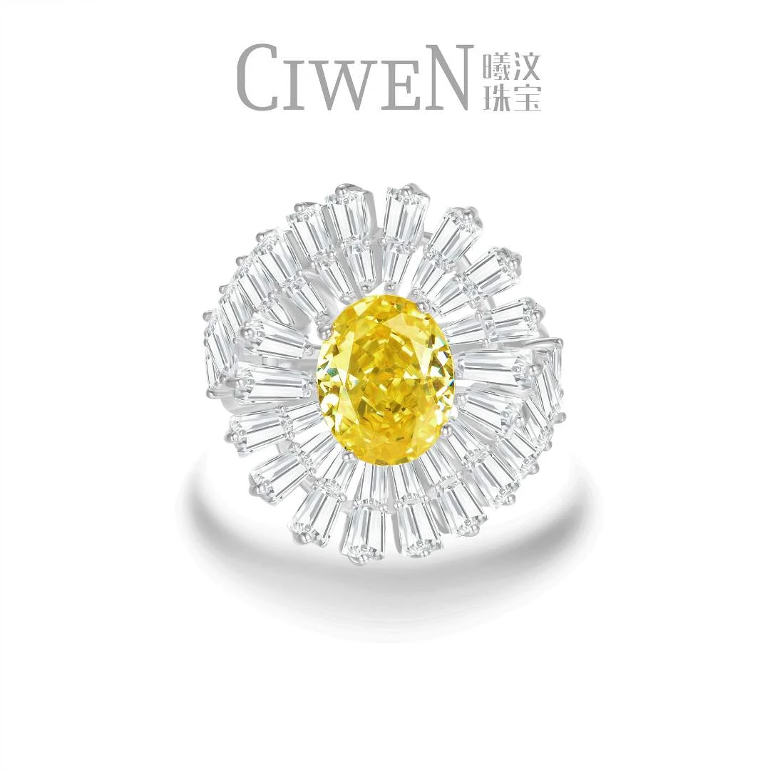 曦与汶 925银合成锆石戒指 CIWEN 曦汶 轻奢 T方款 黄钻 戒指精致