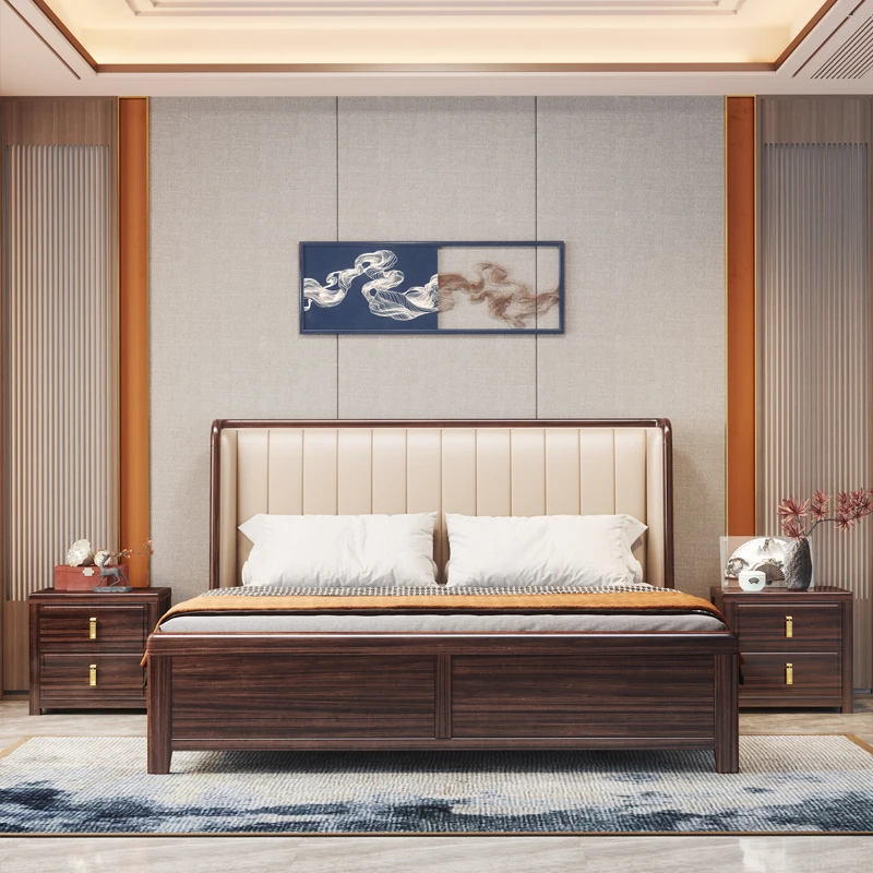 W216#新中式乌金木实木床真皮床轻奢大床主卧室软靠婚床双人床