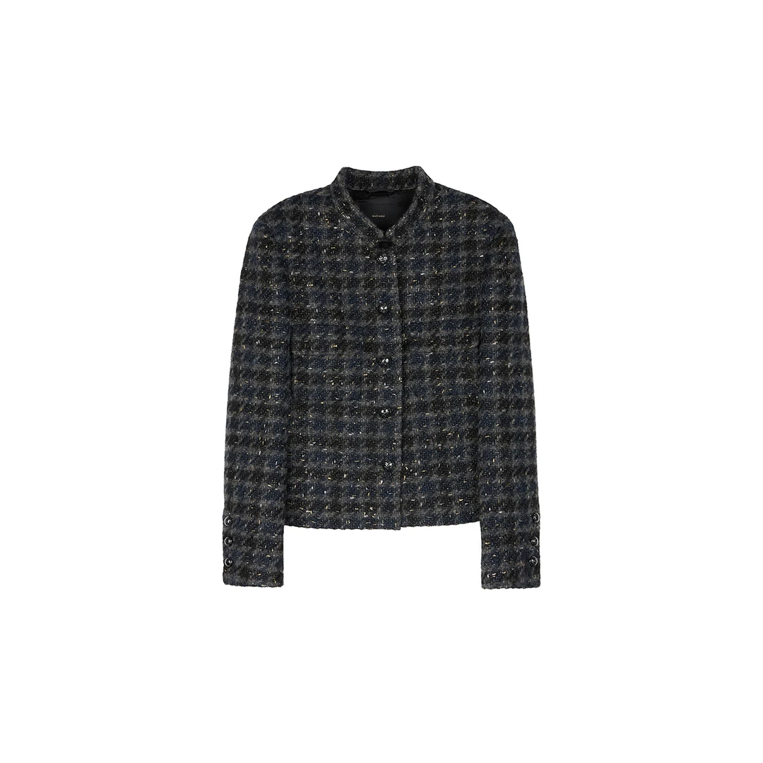 开间黑标/意大利MOESSMER金银豆羊驼千鸟格 钻闪千鸟立领小香