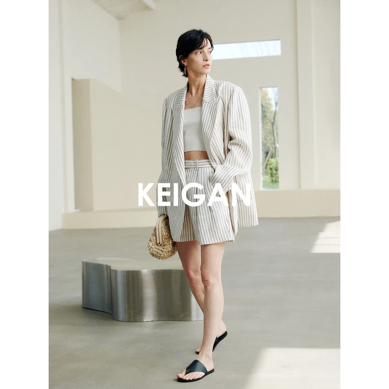 开间/定织色织条纹清凉透气毛边领长/短廓形西服套装