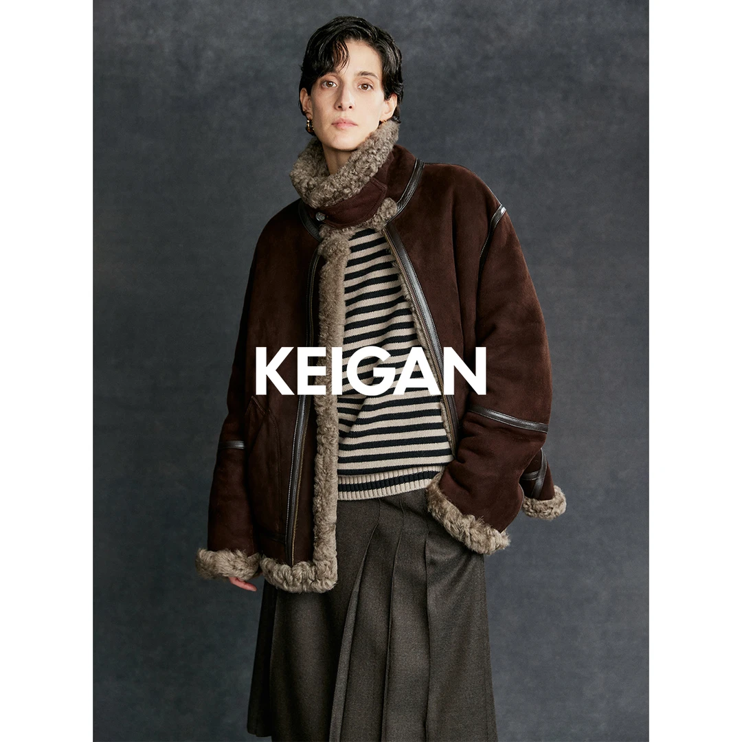 开间/时髦B入冰岛卷毛苣柔软轻盈宽松羊皮毛一体两穿领廓形外套