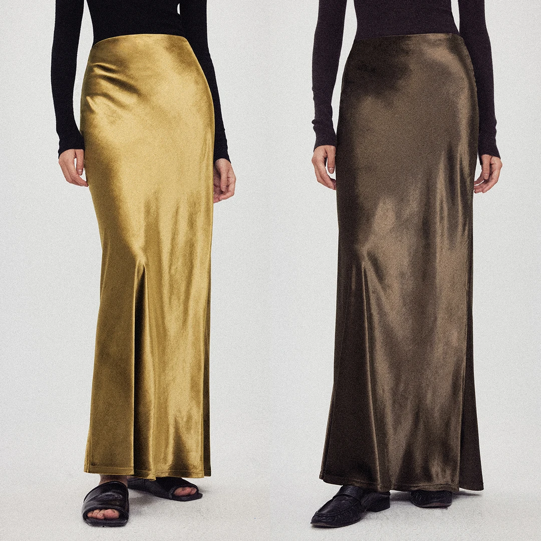 开间/绝美鎏光口碑强推 獨家绒光泽流溢極简斜裁复古长半裙