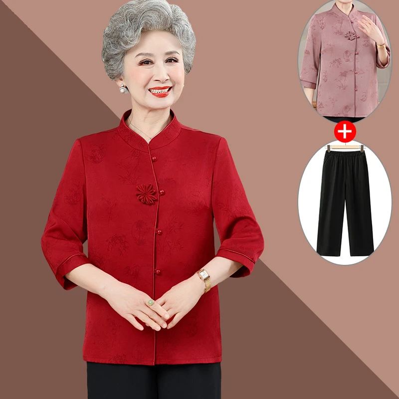 奶奶衬衫新中式中老年人夏装女衬衣老人喜庆衣服妈妈中袖唐装显瘦