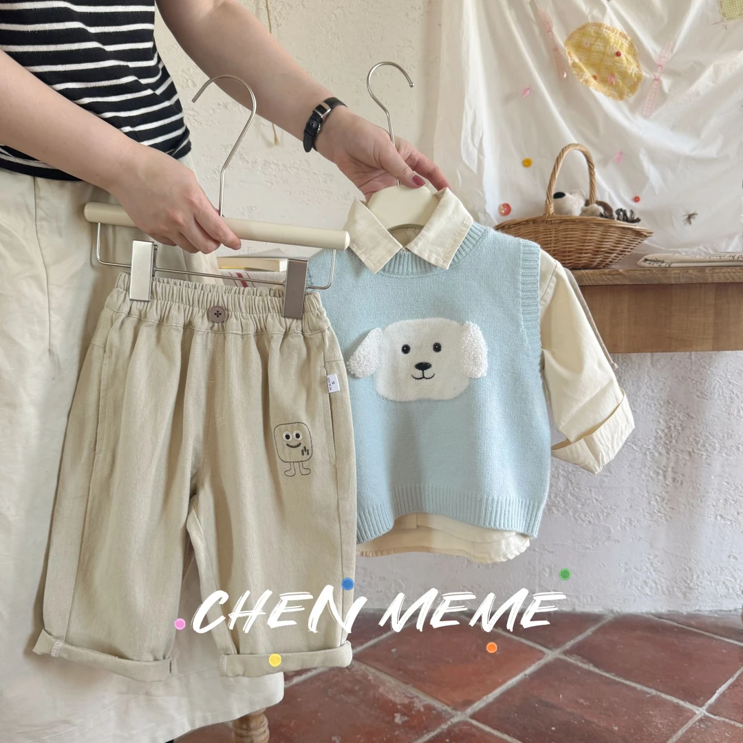 2025春季新款休闲百搭长袖衬衫毛衣裤子套装小童韩版帅气三件套