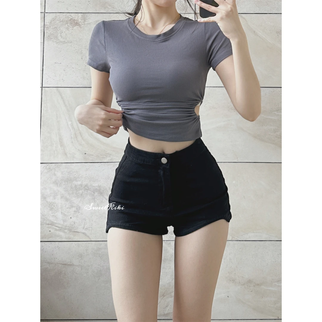 SweetKiki 超辣妹的小上衣 内搭性感露腰紧身短袖T恤收腰显瘦短款