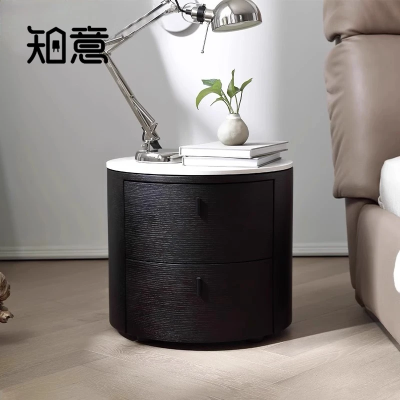 知意家具 昂达床头柜圆形意大利极简风格设计烟熏色岩板卧室柜子
